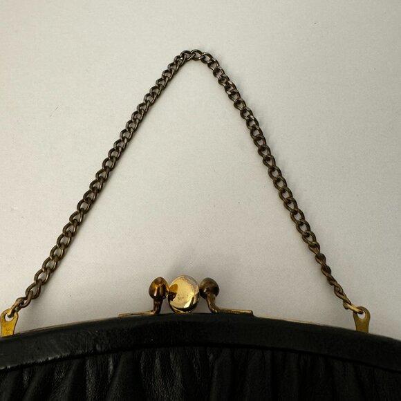 Liebermanns Lansing Michigan Black Leather Evening Clutch Dainty Gray Gold Chain - Picture 4 of 10